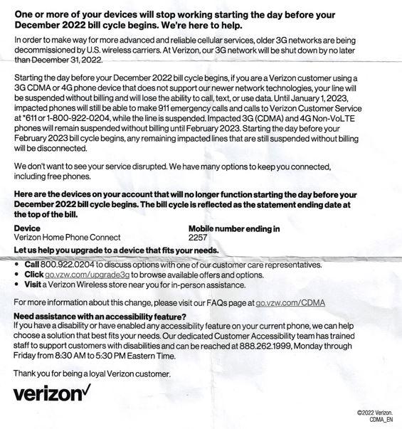3G shutdown letter Verizon 