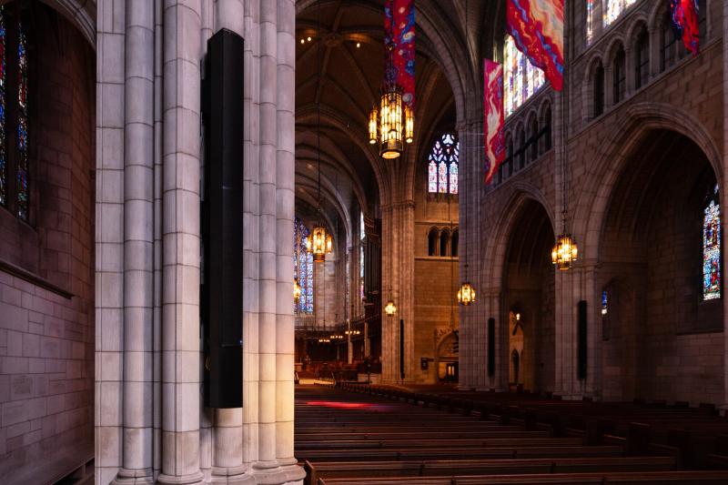Column-mounted loudspeakers installed throughout Princeton Chapel's sanctuary.