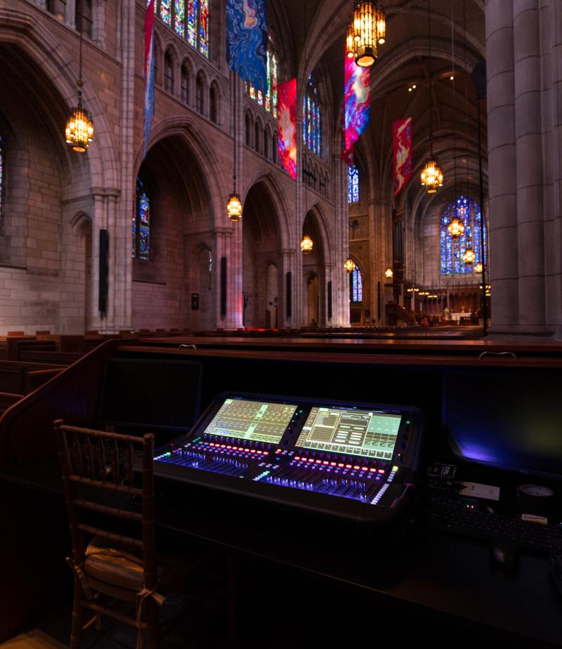 Audio console within the operator's location in Princeton Chapel's sancturary.