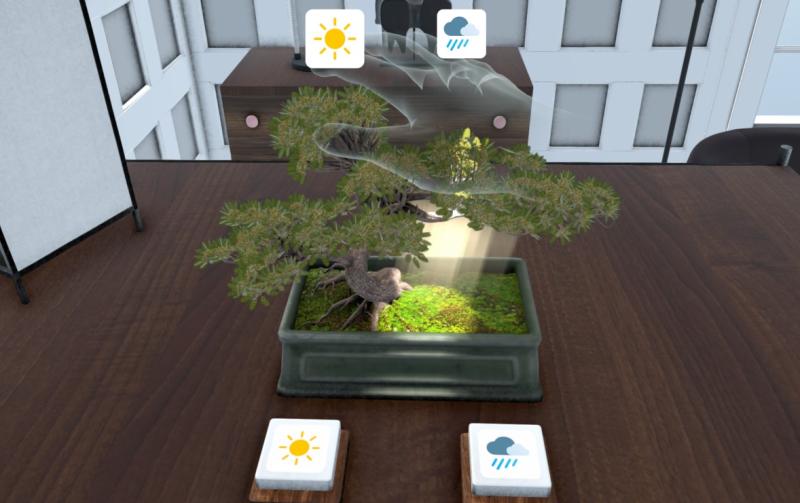 scene of virtual hand over bonsai