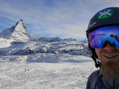 Chris Wright skiing with the Matterhorn in the background