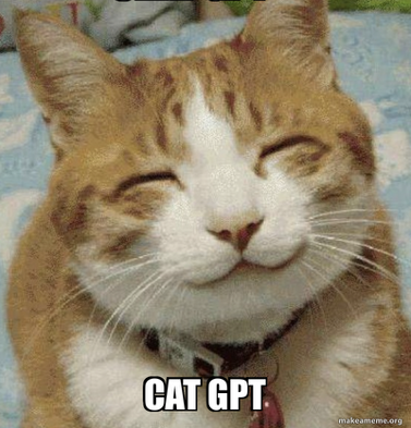 Photo of a face of a happy-looking orange cat with eyes closed. Caption: "CAT GPT"