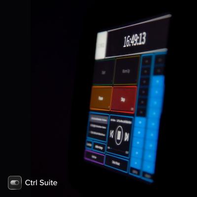 Ctrl Suite interface in use in a gym controlling audio volume, playlist, video, session control and lighting.