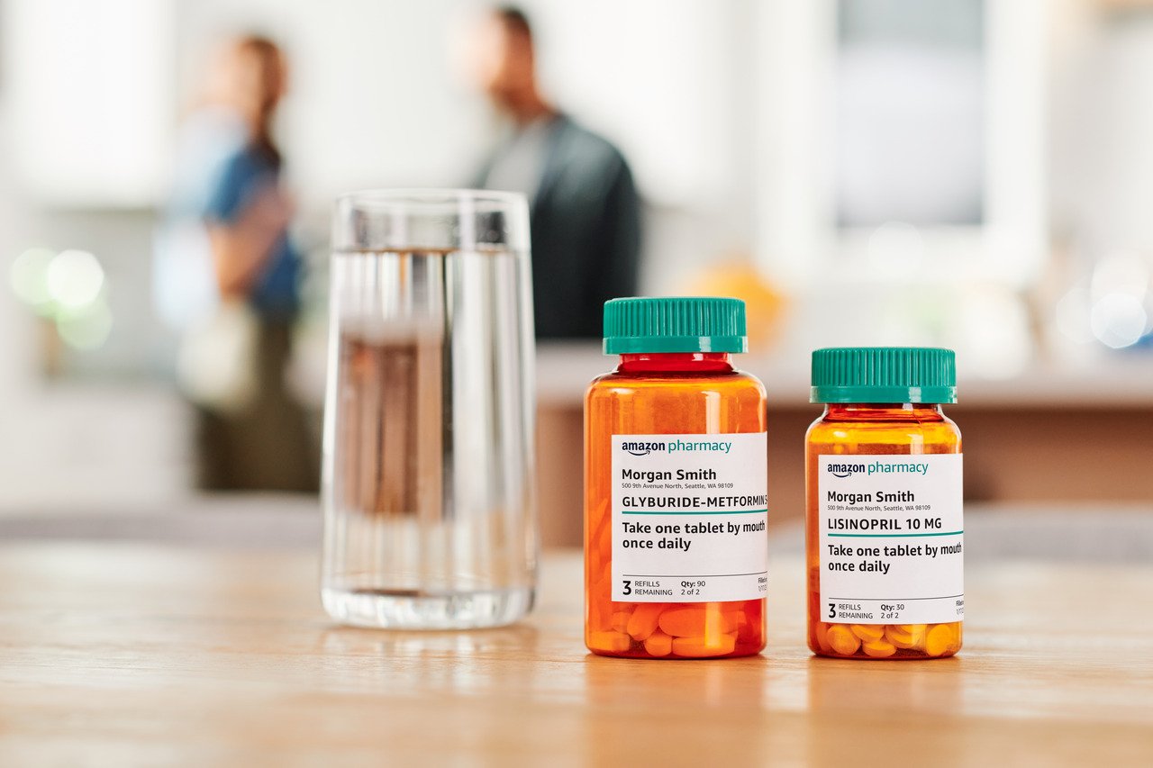 close-up of two generic prescription medications with Amazon Pharmacy branding