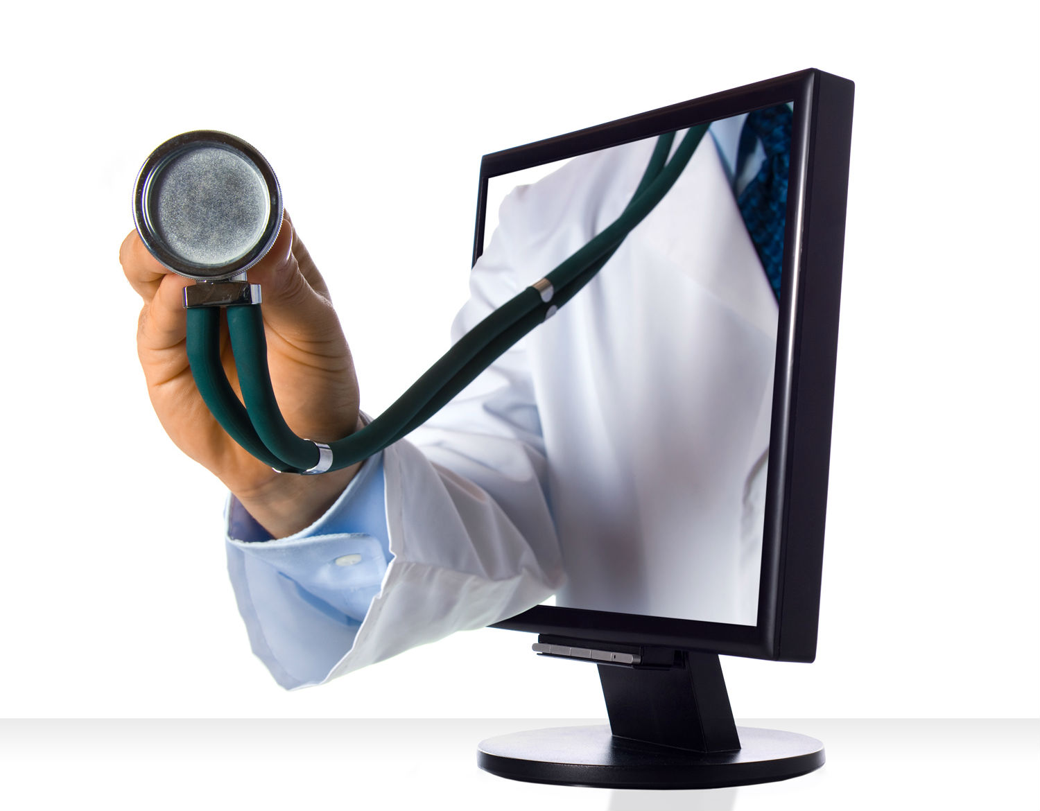 hand with stethoscope coming out of computer screen