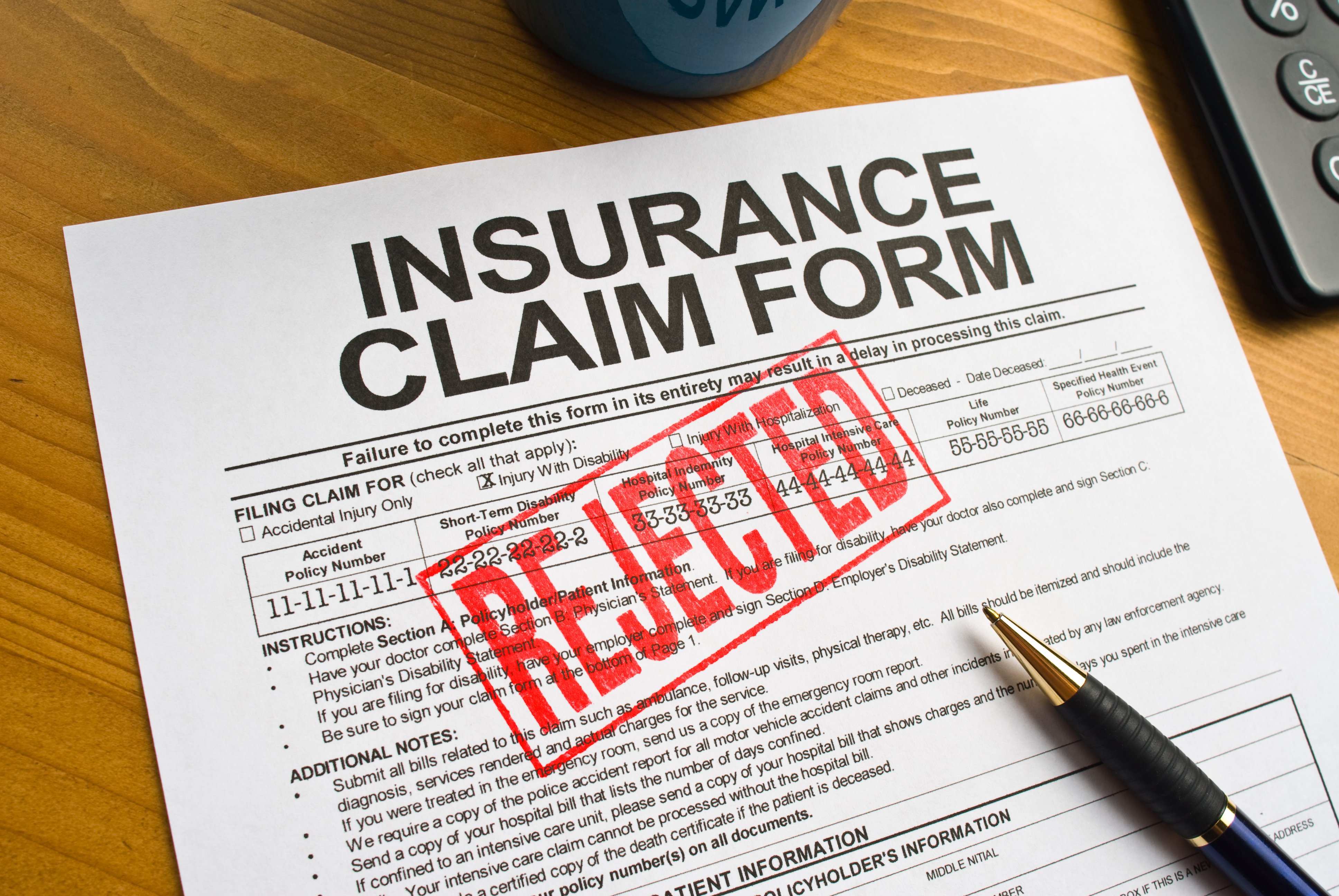Rejected insurance claim form