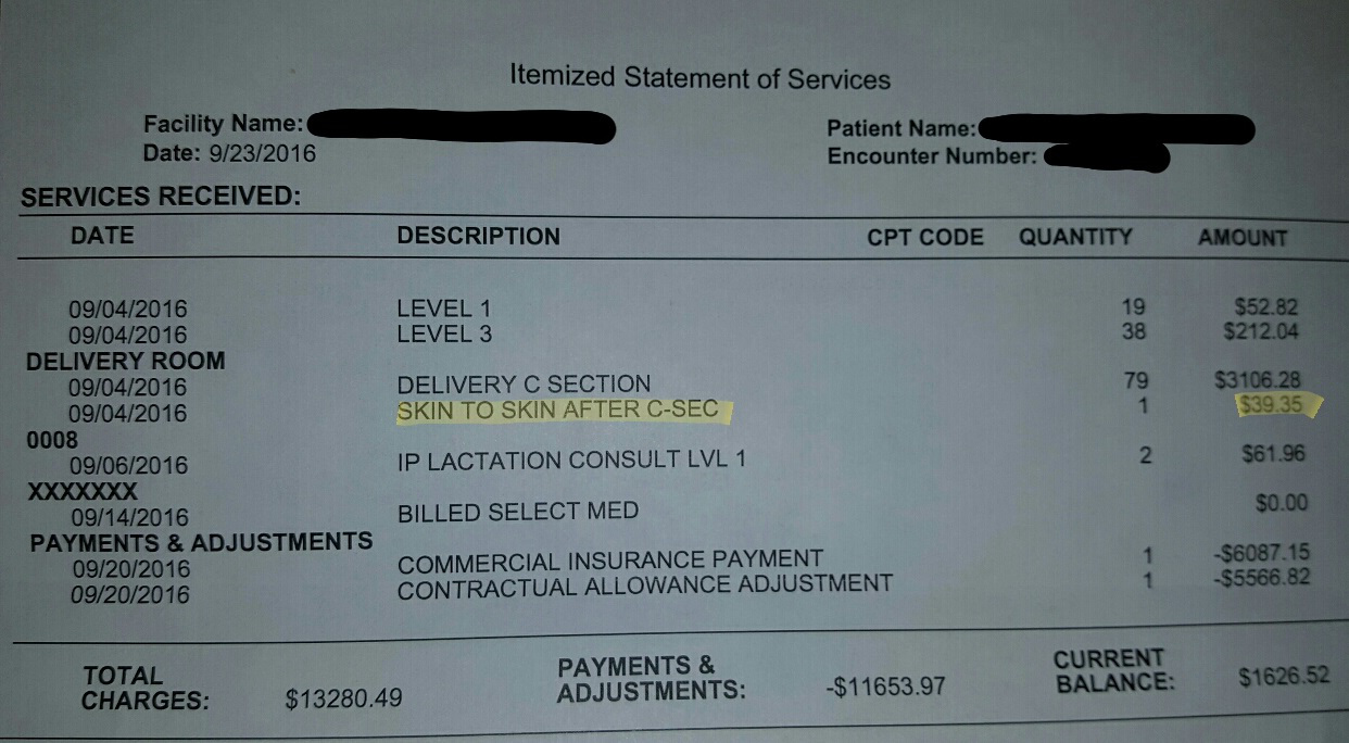 The hospital bill showing a charge for skin-to-skin contact