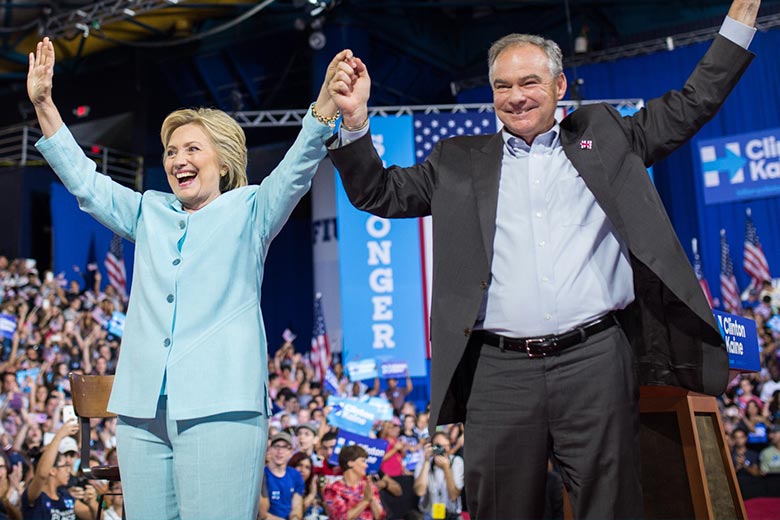 Clinton and Kaine raising arms