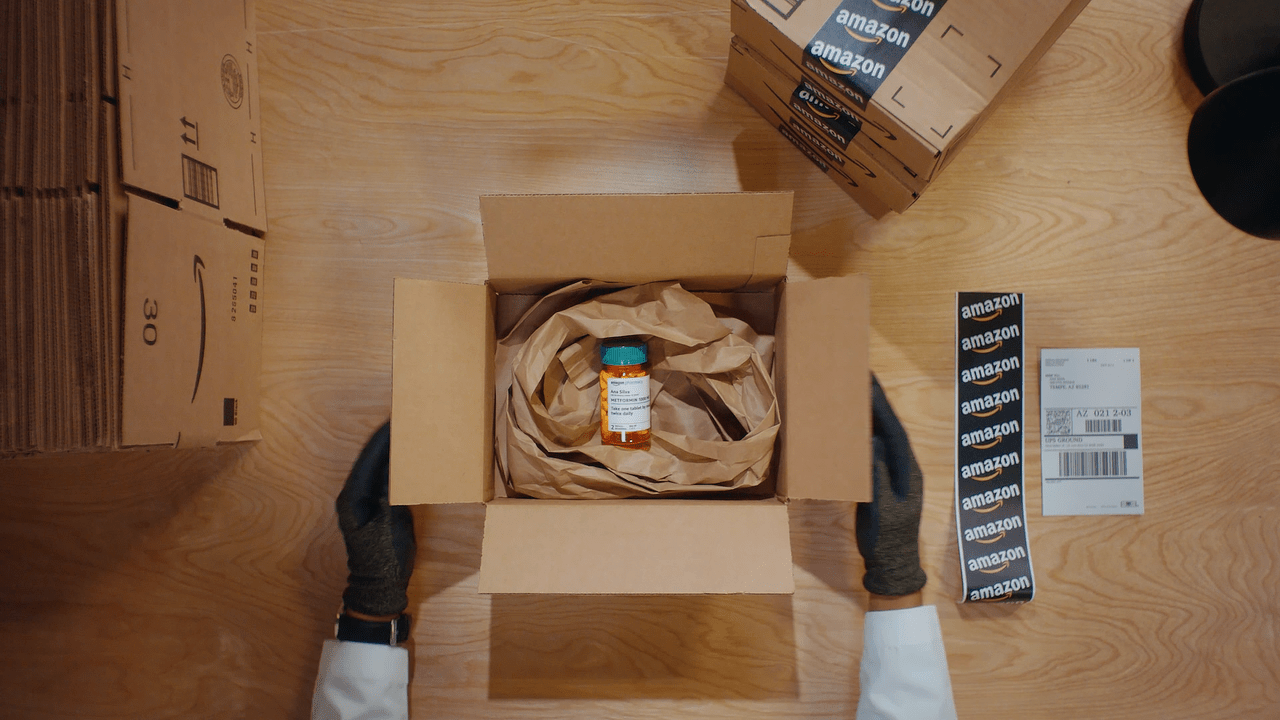 Amazon Pharmacy box with medication and packing supplies