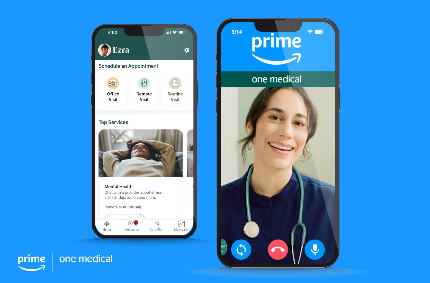two smartphone screenshots showing One Medical app