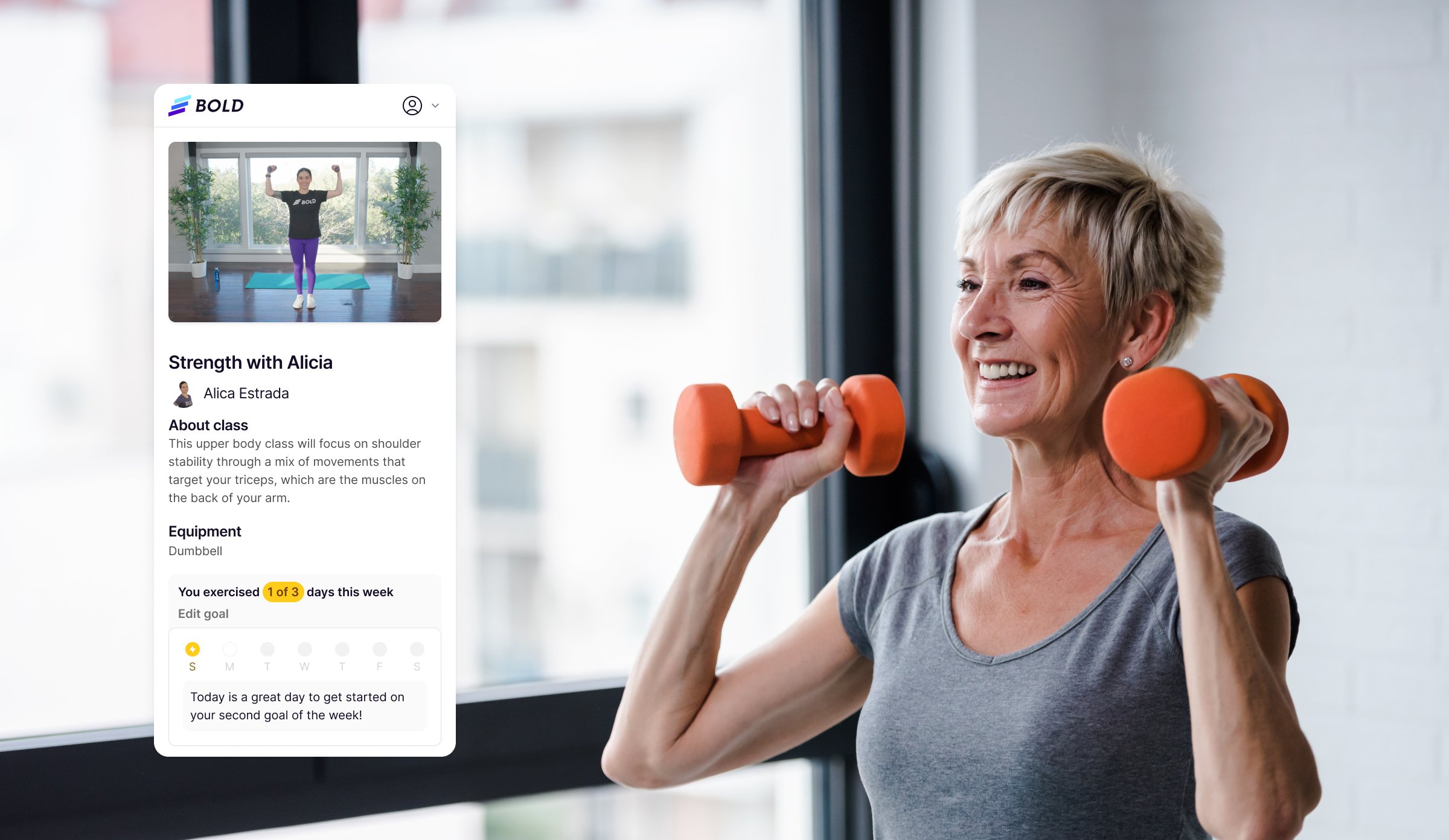 older woman working out with weights and smartphone with screenshot of exercise program