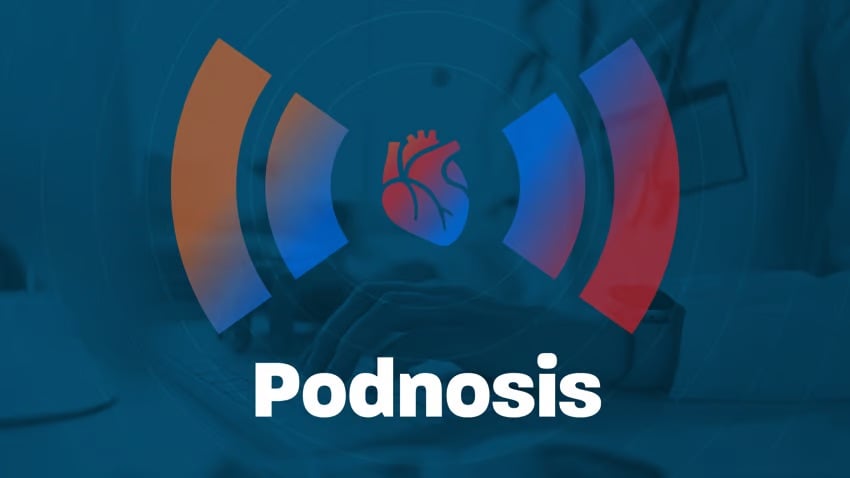 Logo for the Podnosis podcast featuring a stylized heart icon at the center with red and blue sound wave graphics on eithe