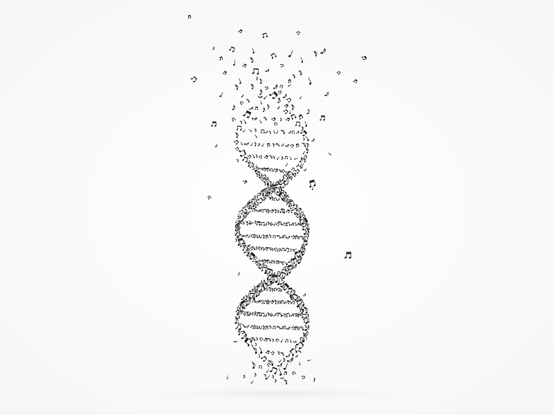 A double helix of DNA made up of musical notes The notes are in black against a grey-white background 