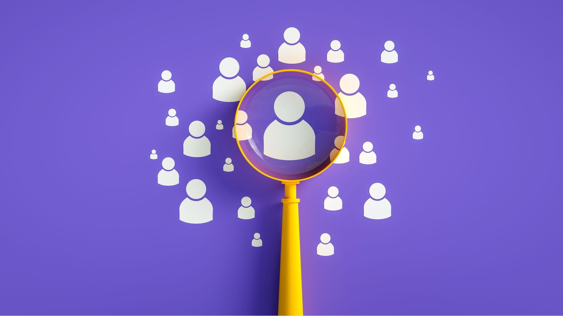 Magnifying glass on people on purple background