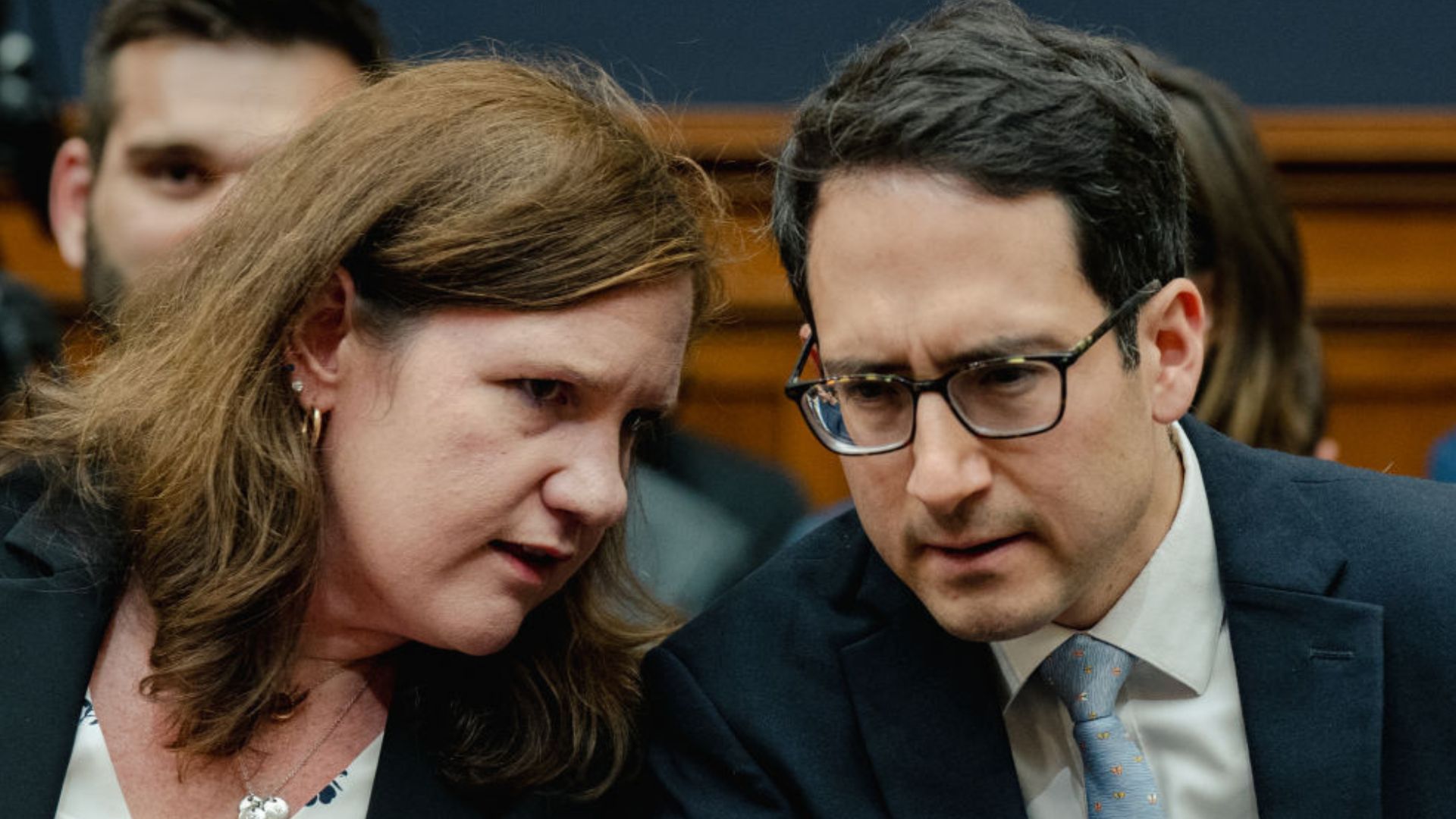 ederal Trade Commission Commissioners Rebecca Kelly Slaughter L chats with Alvaro Bedoya R before FTC Chair Lina Khan tes
