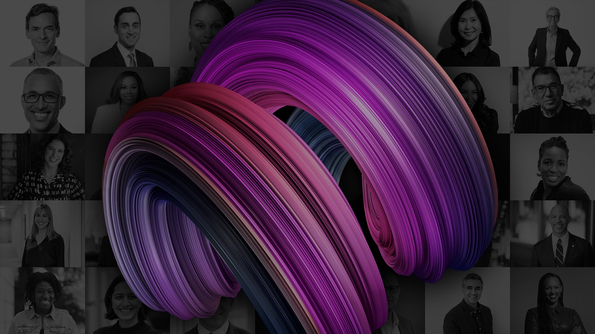 Abstract purple and magenta ribbon-like design layered over a collage of black-and-white portraits of Fierce 50 honorees in h