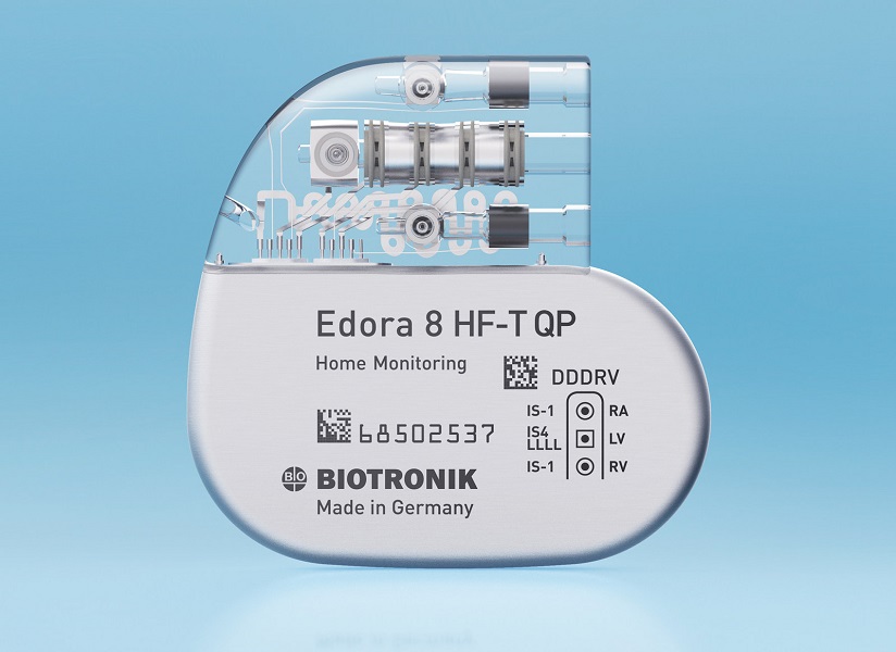 Edora CRT pacemaker device on blue background