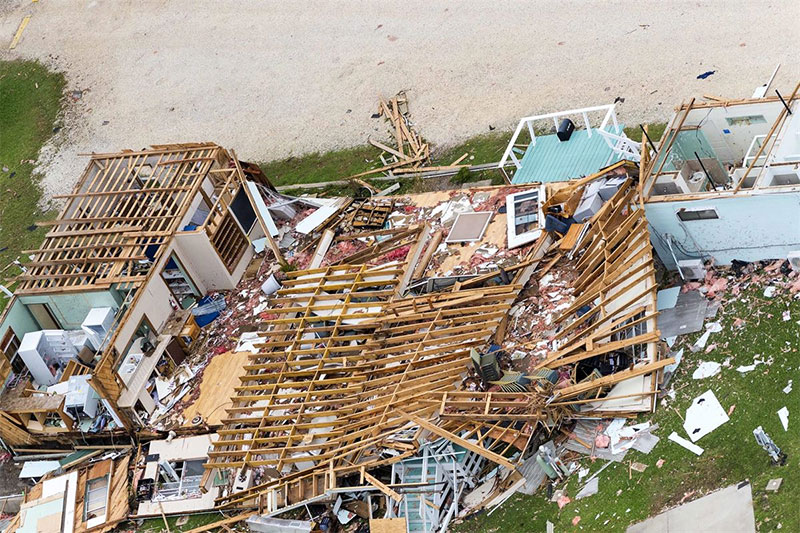 An aerial view shows significant damage caused by Hurricane Harvey in Rockport Texas 