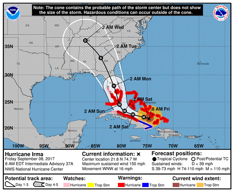 A map showing the forecast track of Hurricane Irma as of Friday morning