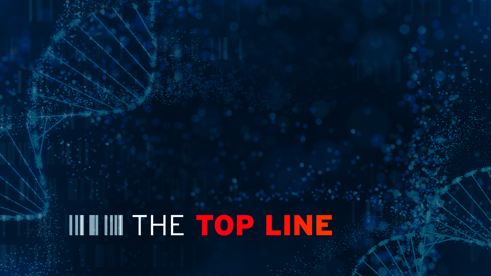 Dark blue background with stylized DNA strands and data particles evoking a scientific or biotech theme The text reads T