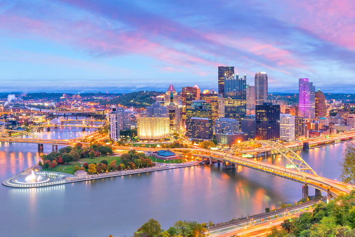 An image of the Pittsburgh PA skyline at sunset