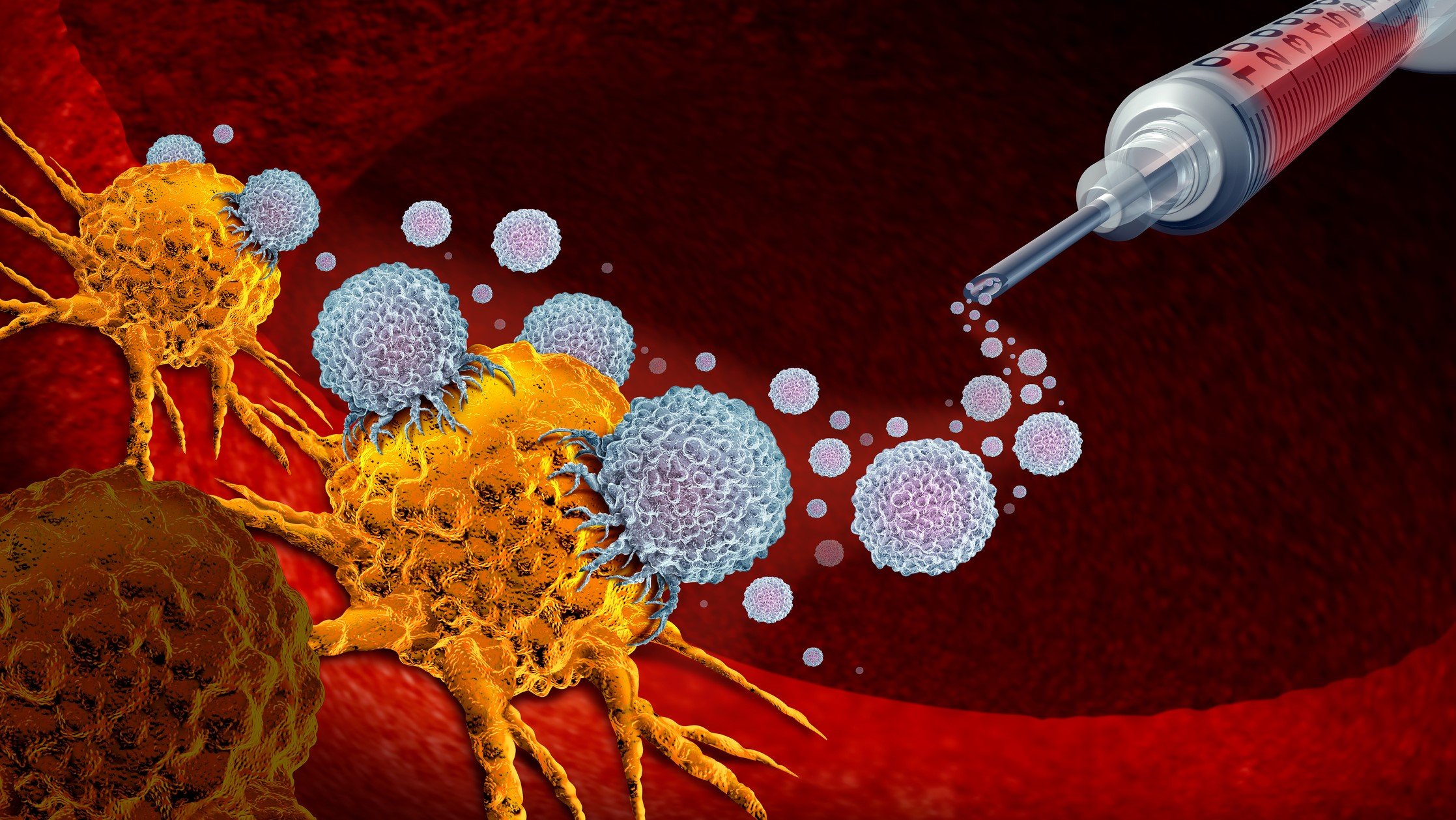 Graphic portrayal of a cancer vaccine releasing therapeutic material that latches onto tumors