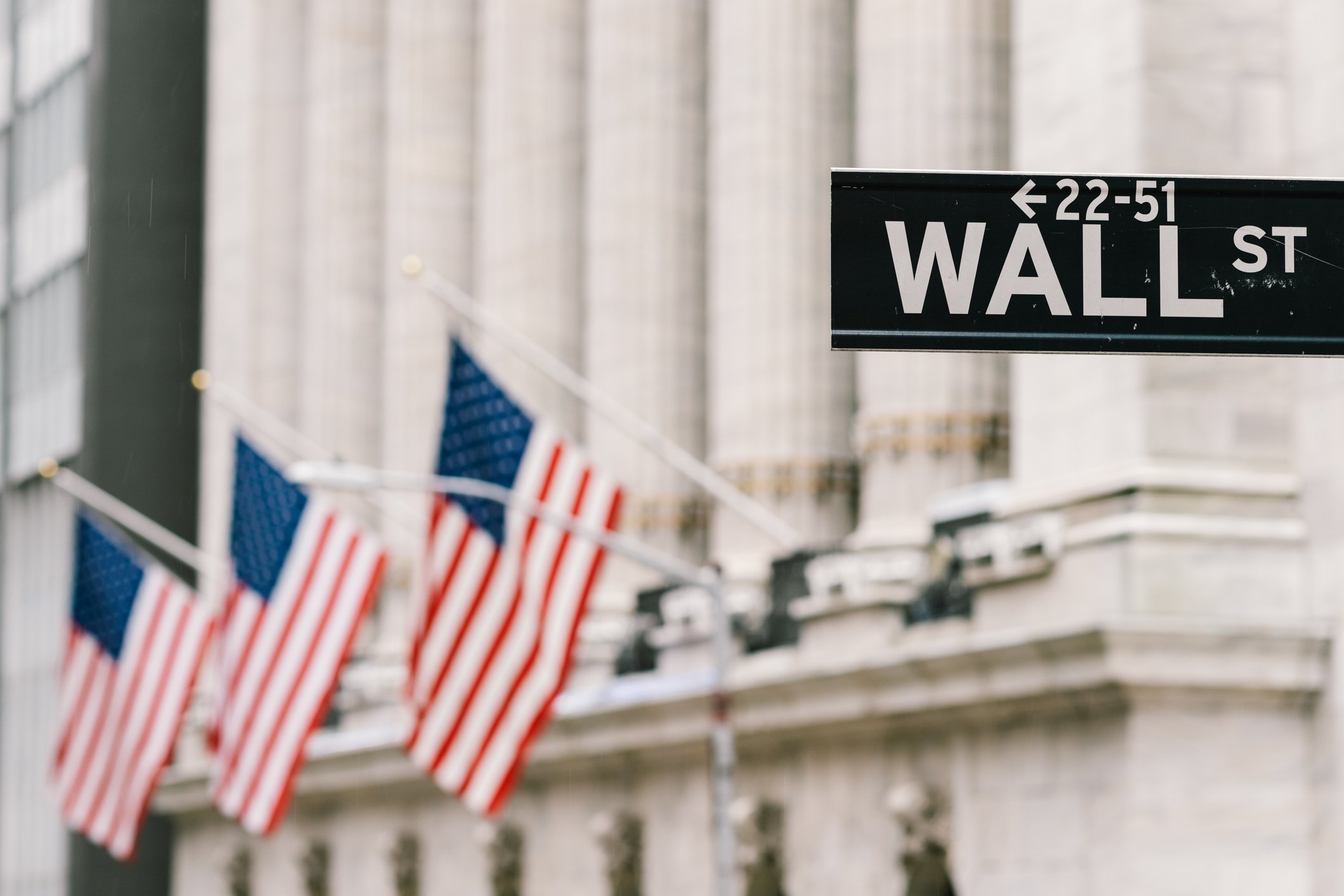 Photo of Wall Street street sign with american flags in the background