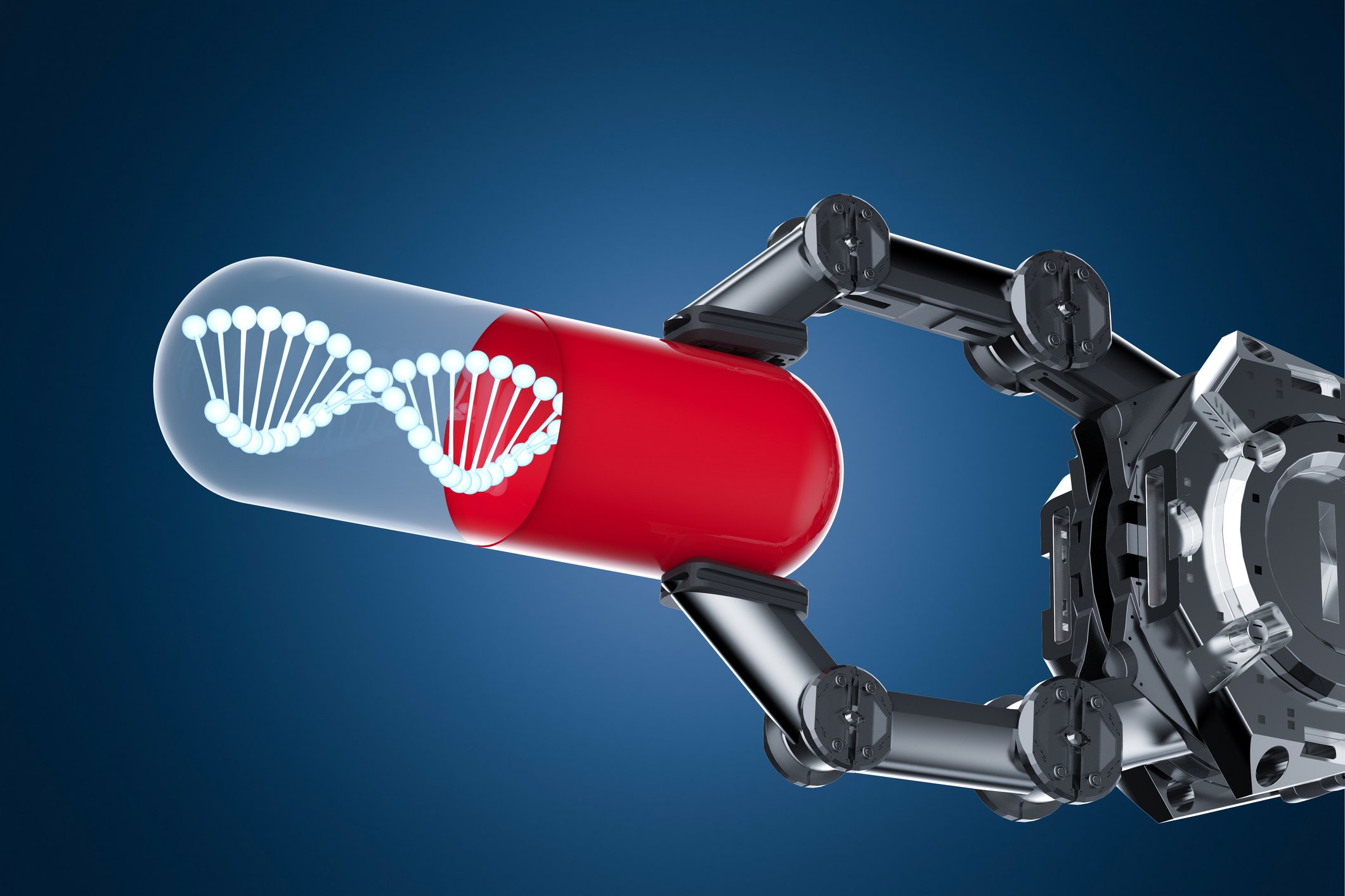 Graphic of a robotic hand holding a drug capsule with DNA inside it 