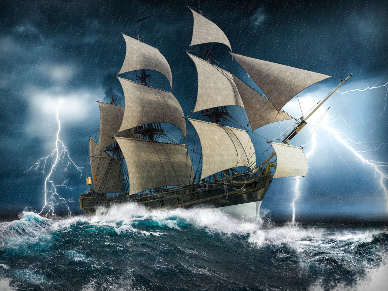 Sailing ship struggling in a heavy storm with lightning 