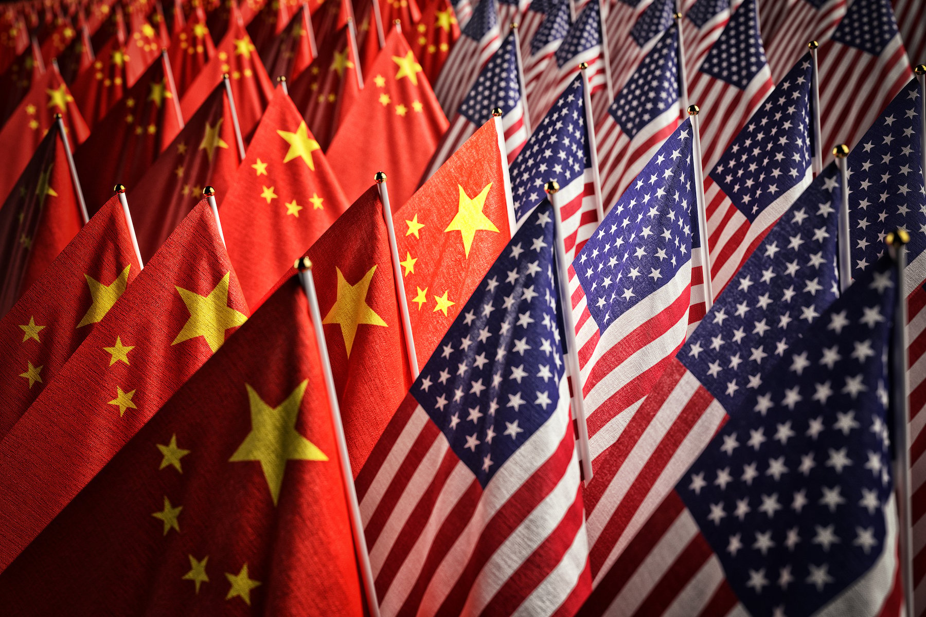 graphic image of China flags overlapping with US flags