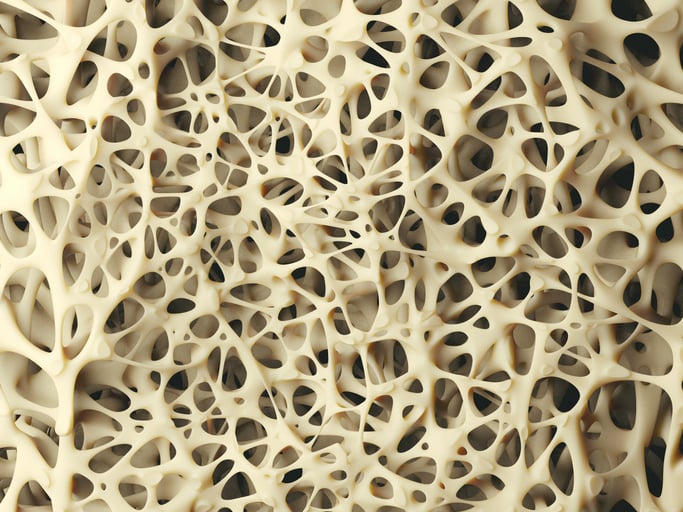 An artists 3D illustration of bones spongy structure seen close up