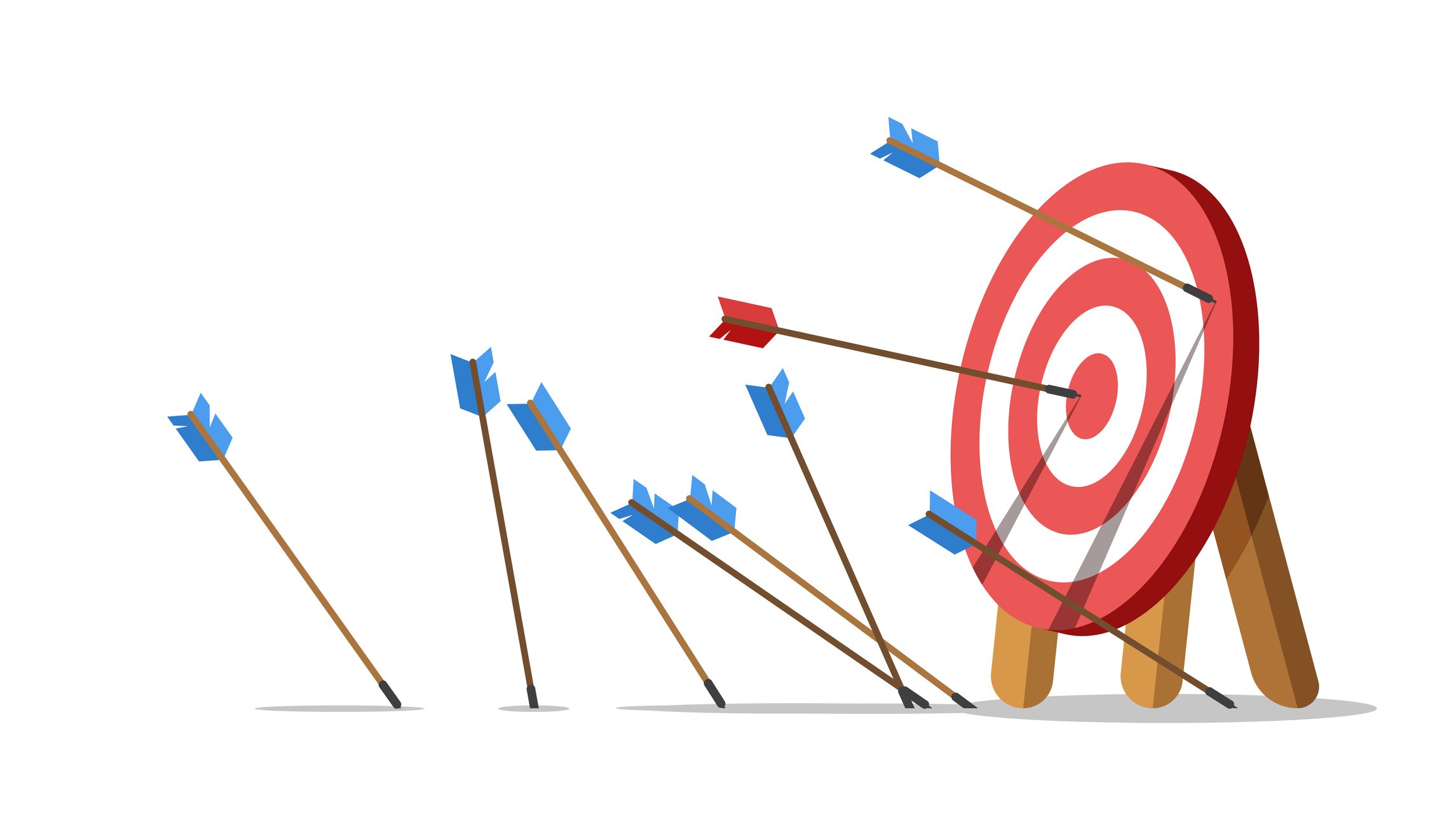 Graphic of a number of arrows missing the bullseye on a target except for one arrow