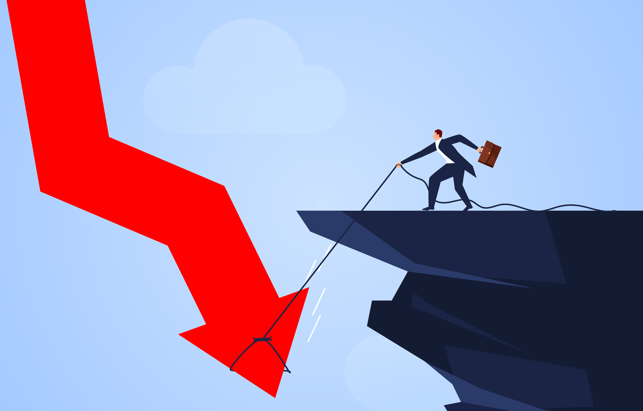 Graphic of a business man on a cliffs edge lassoing a declining arrow indicating saving the company andor its value