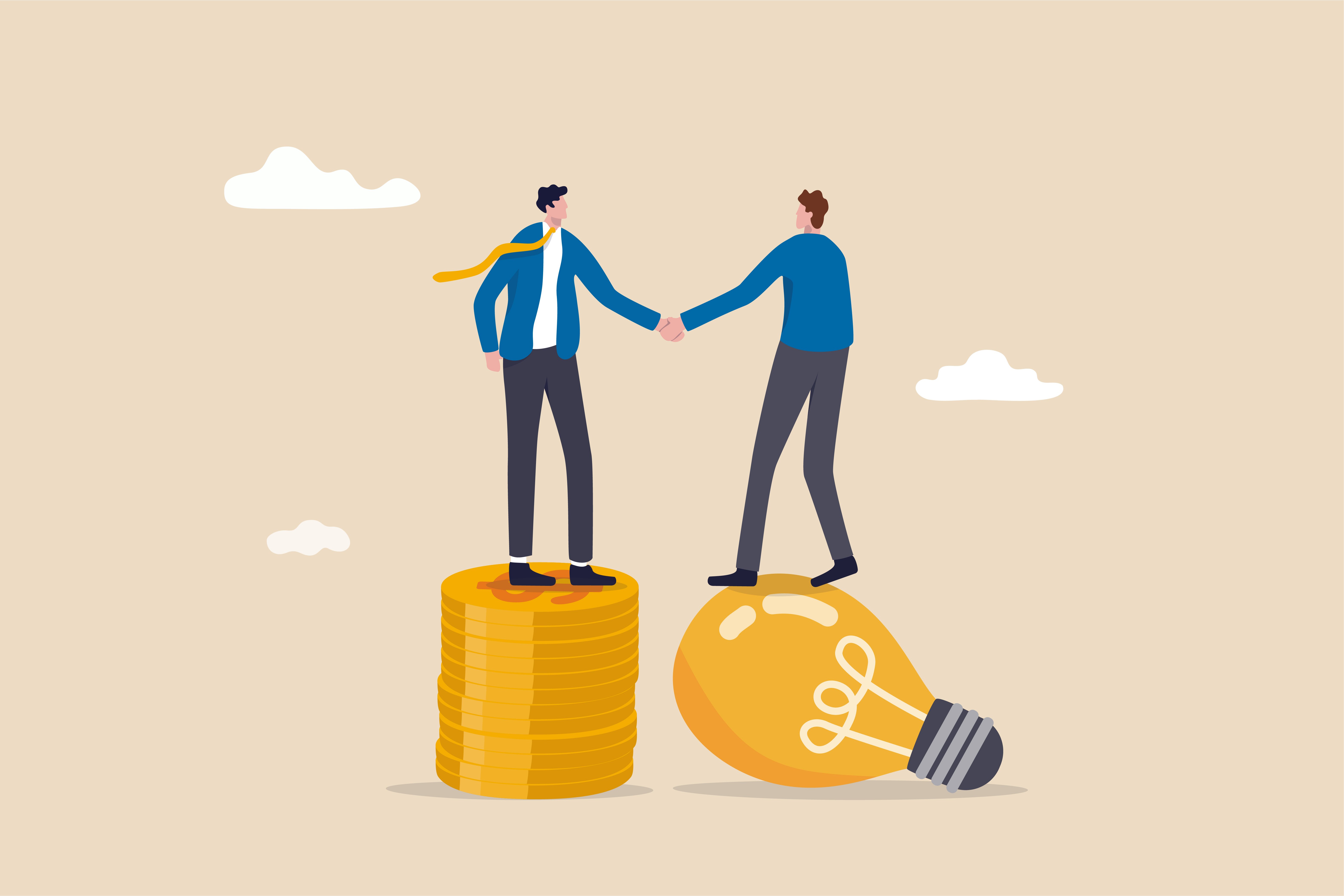 Illustration of two people shaking hands standing on money and a lightbulb