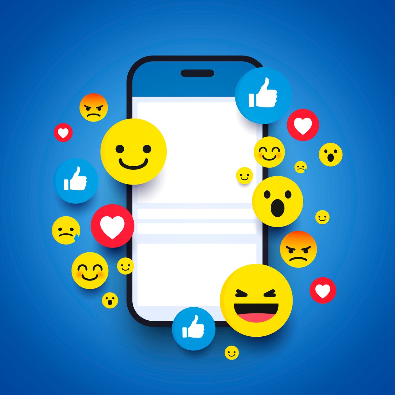 Vector Illustration Various Smiling Happy Emoticons in Front of a Smartphone Screen