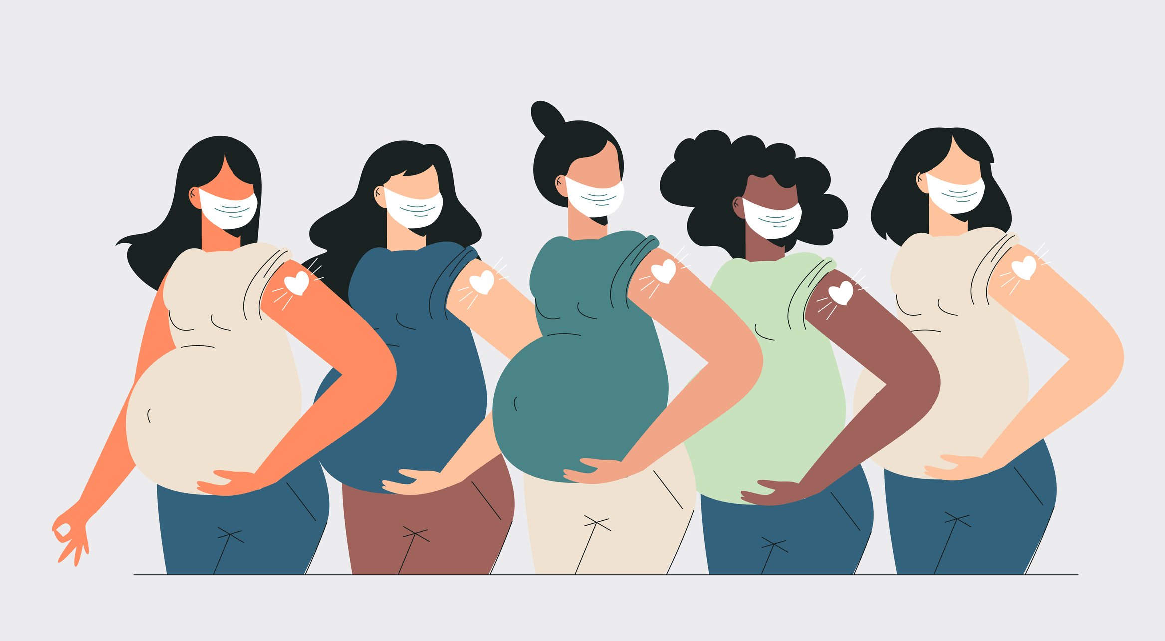 A graphic of five pregnant people varying in race and ethnicity that are showcasing their vaccine shot each person with a ma