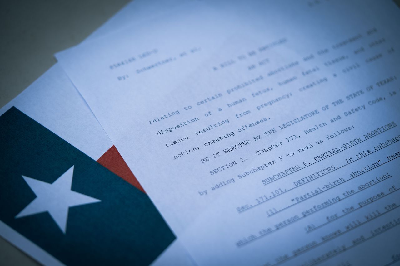 Close up view of Texas Abortion Law TX SB8 next to the flag of Texas state