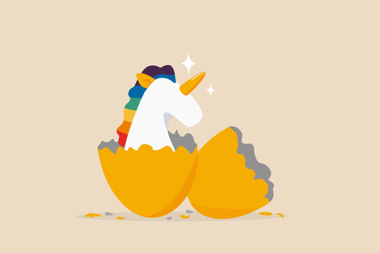 illustration of unicorn startup company just hatched from golden egg