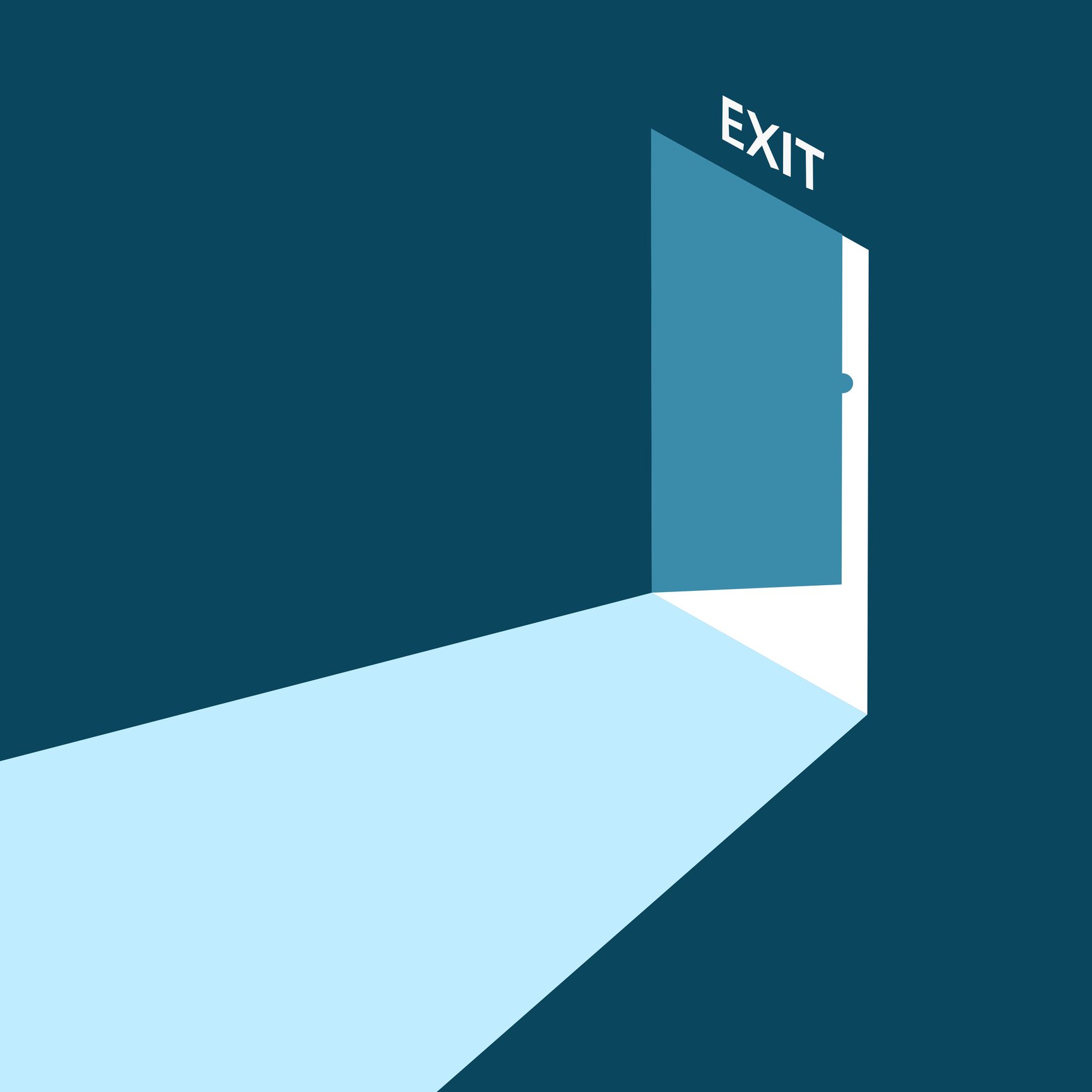 Graphic of an open door with the words exit above it 