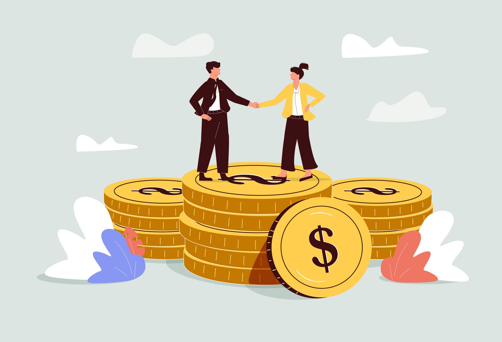 A graphic of two people standing atop coins shaking hands