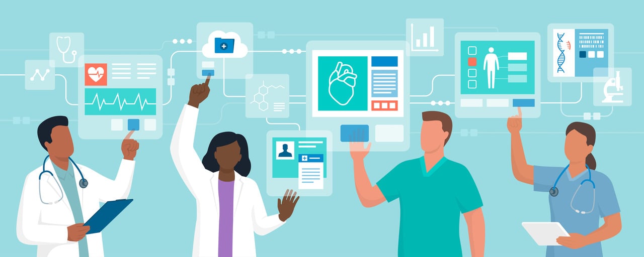 illustration of doctors interacting with digital interfaces medical records