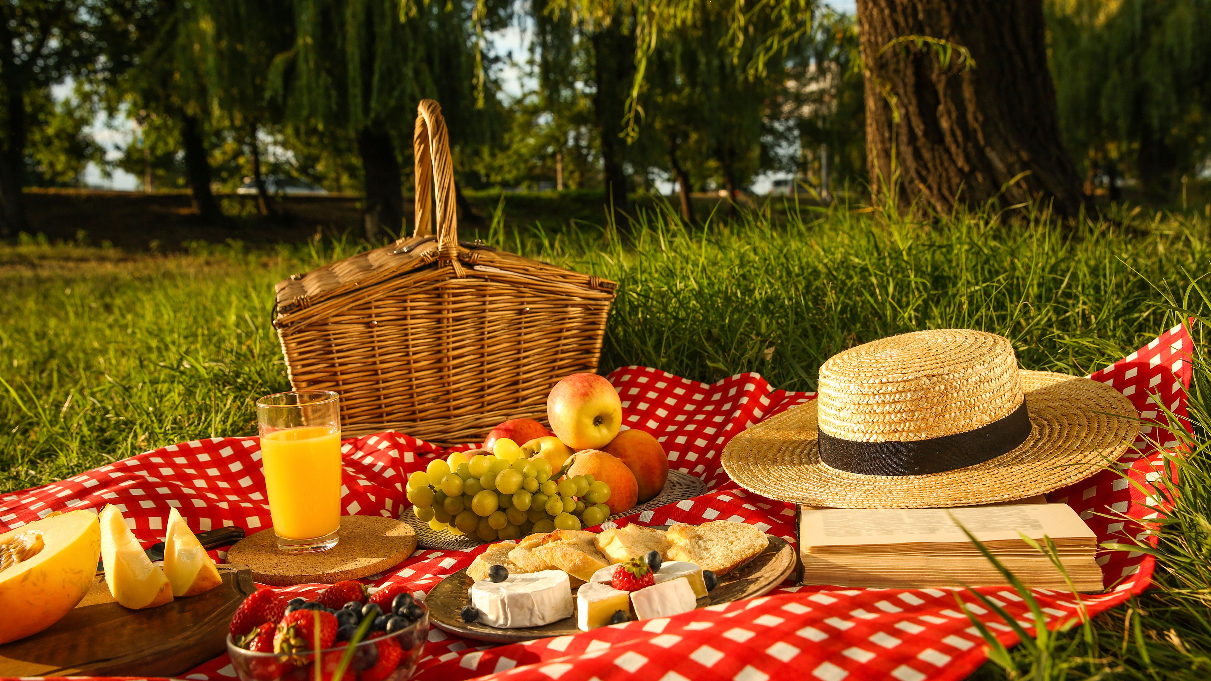 picnic lunch snack basket hat fruit food