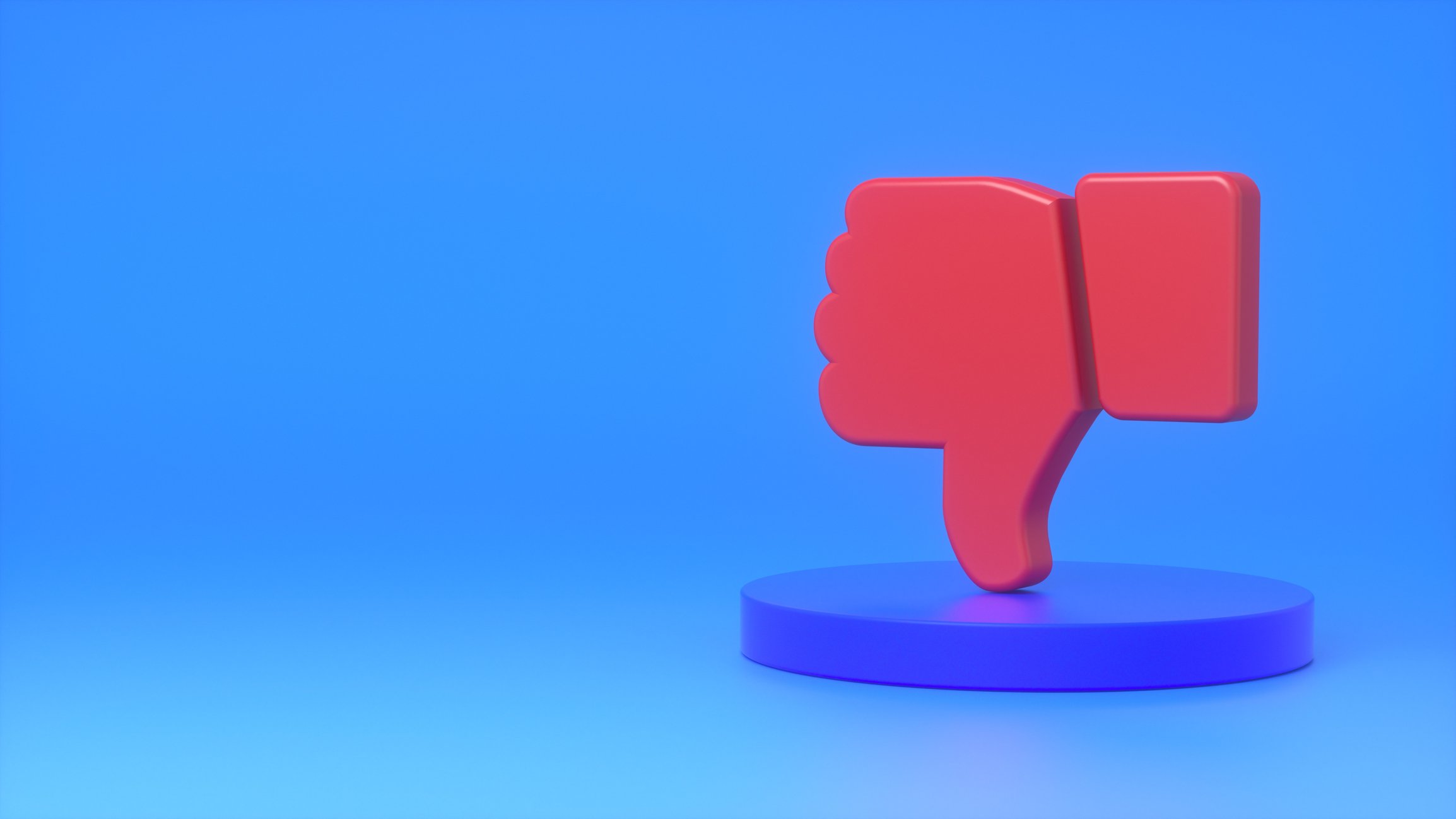 Graphic image of a red thumbs down against a blue background
