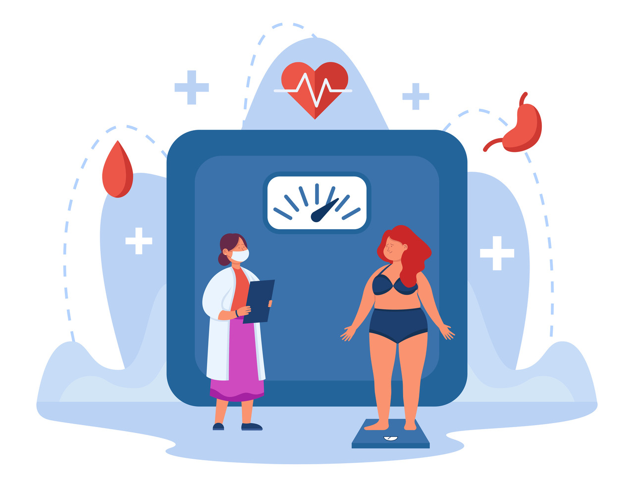 Illustration of woman consulting with doctor and weighing on scale at hospital 