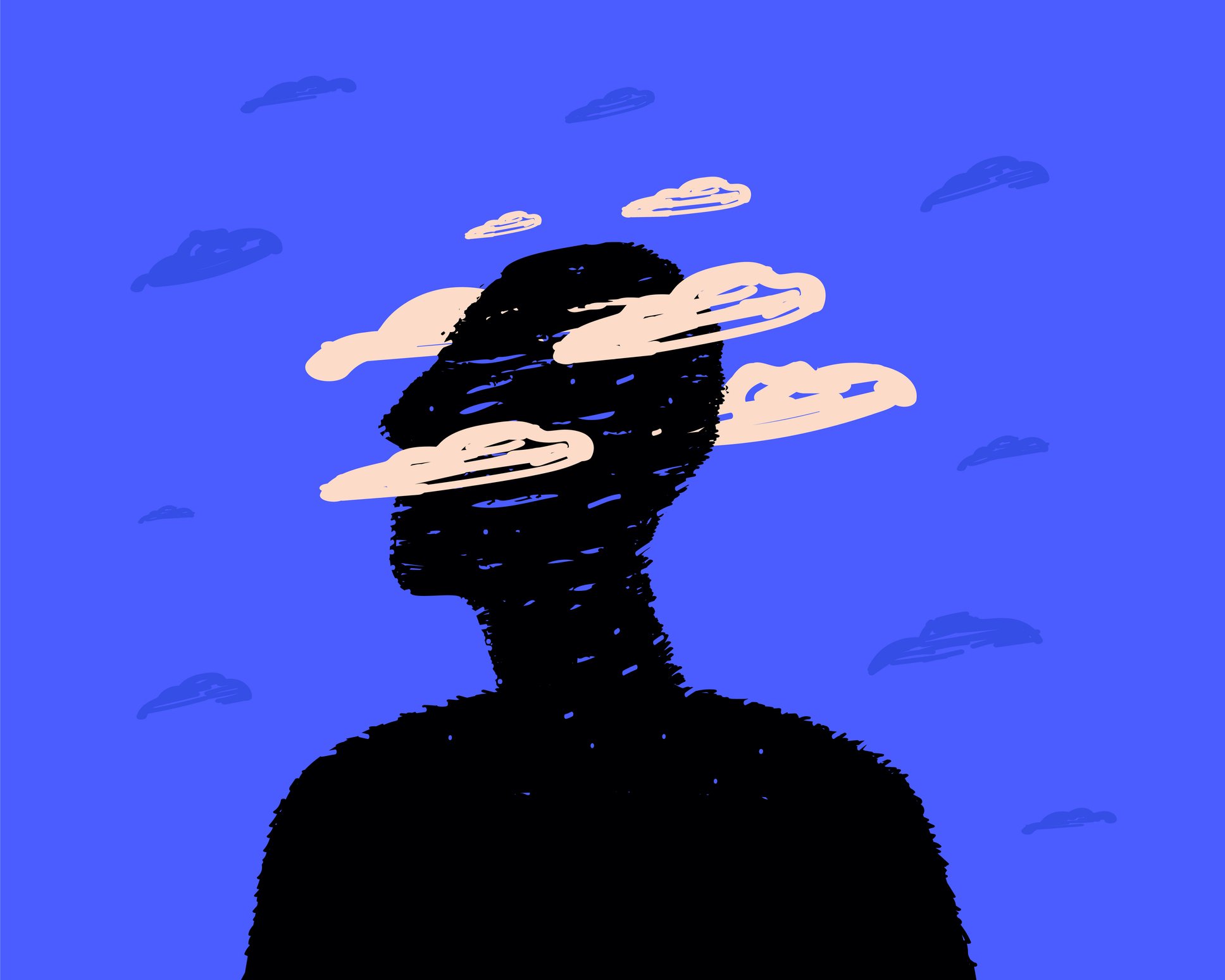 Graphic image of a body shaded in black with drawn clouds around their head Dark blue background