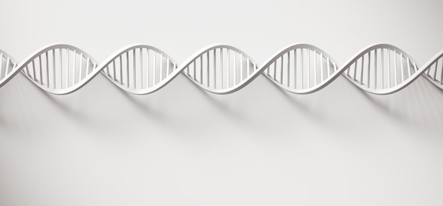 An illustration of a white strand of DNA which lies horizontally across an image