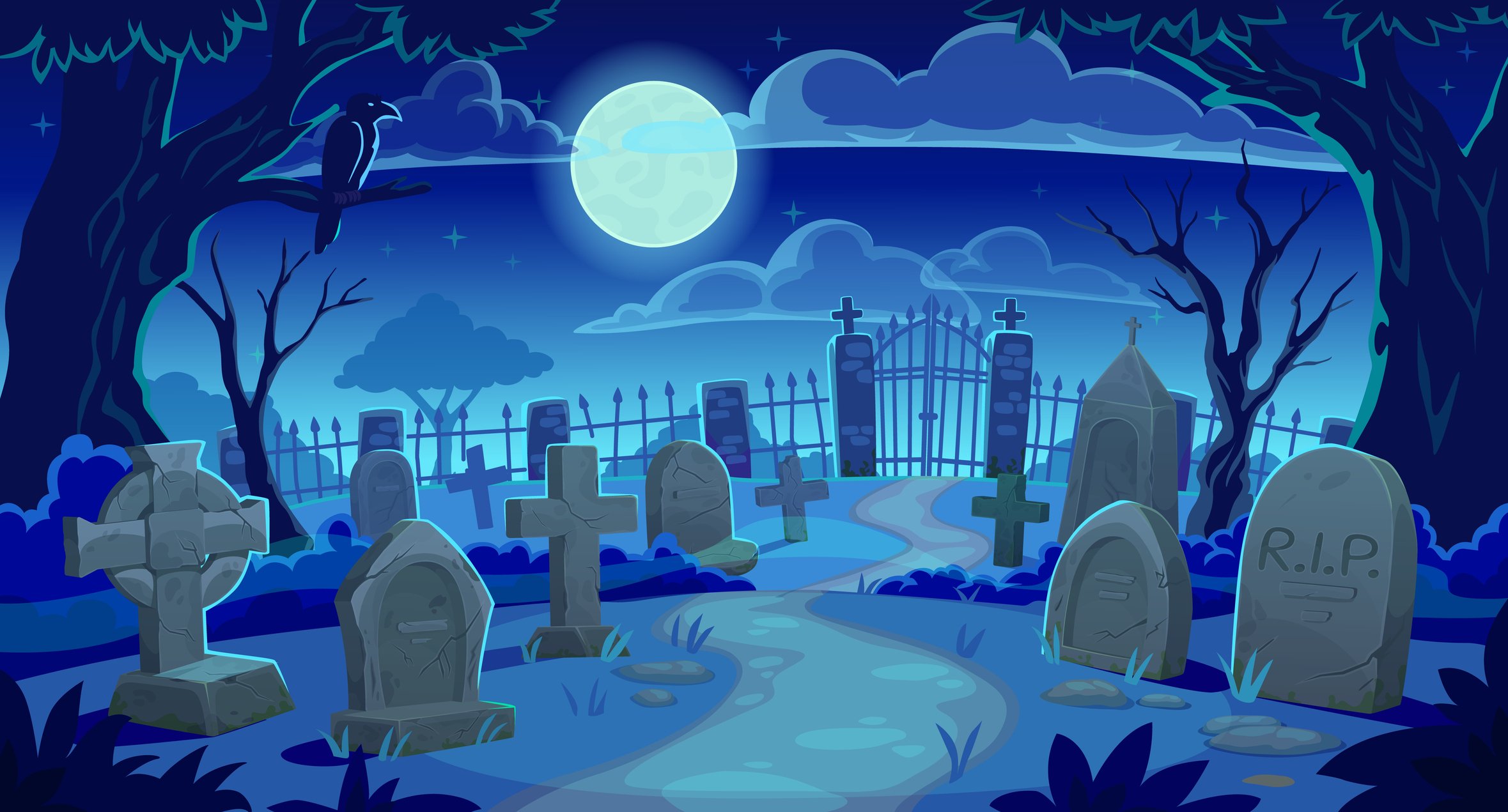Graphic image of a graveyard with tombstones a full moon and a raven perched on a branch