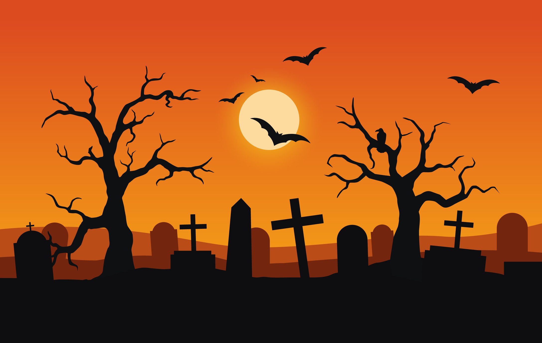 Graphic of a graveyard with an orange sky and bats flying above 