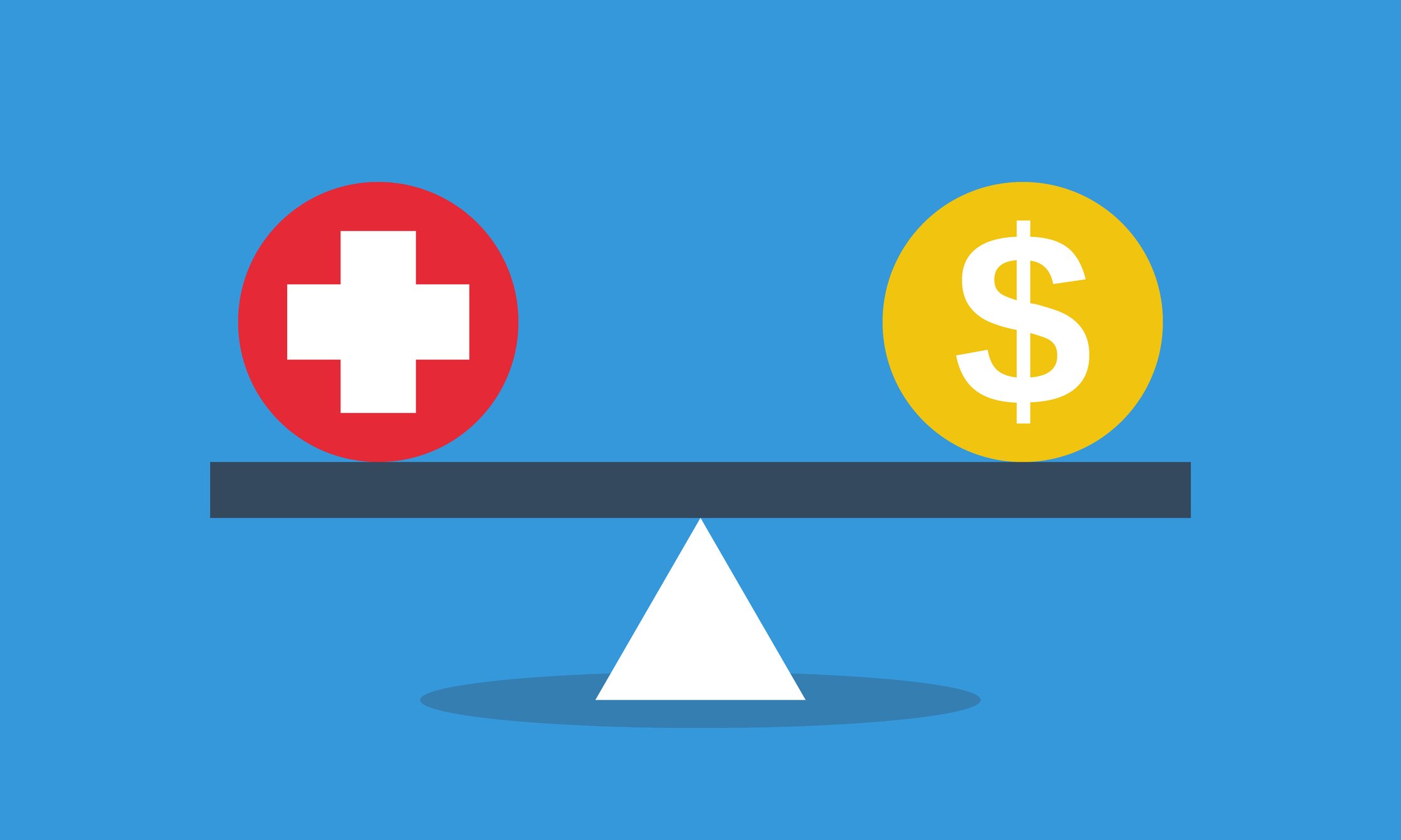 Medical cross and dollar coin in equilibrium on seesaw
