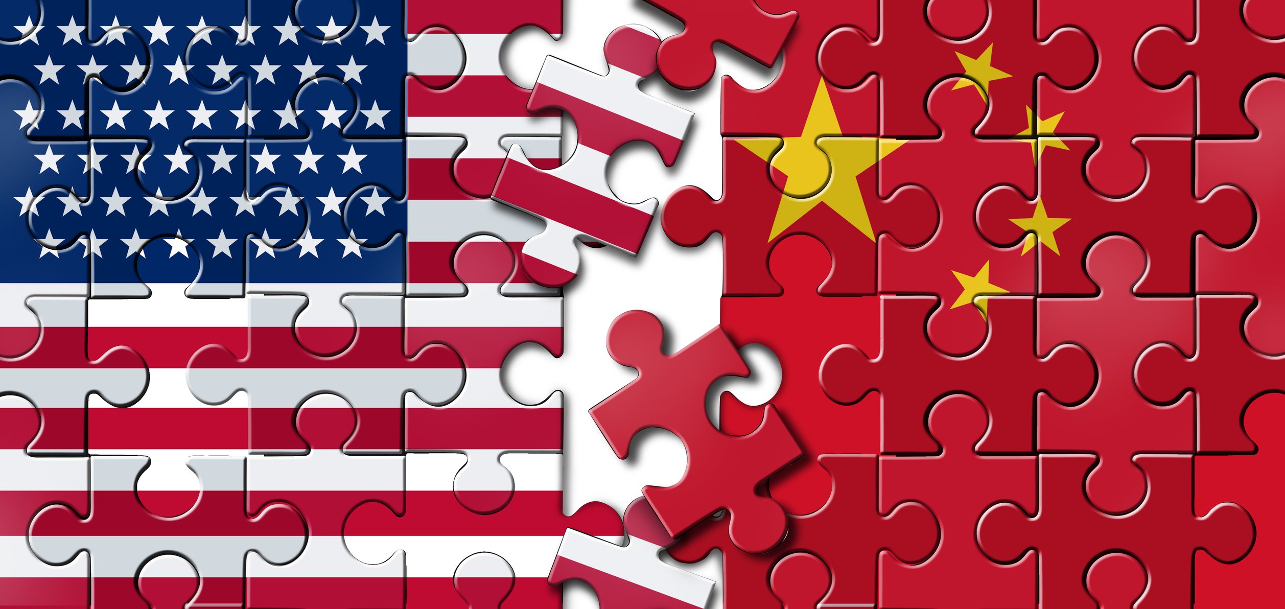 Graphic of a puzzle depicting both the US and Chinese flags with missing pieces bridging the two together